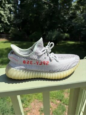 Mint/light gray Yeezy Boost 350 V2 with red text